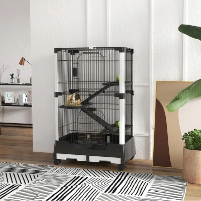 PawHut Jaula para Animales Pequeños con Ruedas 114x75x50 cm Valla para Mascotas con 3 Plataformas 3 Rampas Bandejas Extraíbles