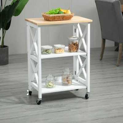 HOMCOM Carrito de Cocina Plegable Carro Auxiliar con Ruedas Carro Verdulero con 2 Estantes para Comedor 60x40x84 cm Blanco