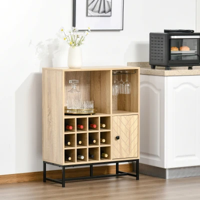 HOMCOM Aparador de Cocina con Botellero para 12 Botellas y Soporte de 6 Copas de Vino 76x35x97 cm Madera Natural