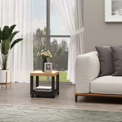 HOMCOM Mesa Auxiliar con Ruedas Estante Abierto Mesa para Sofá Sala Dormitorio 40x40x40 cm Natural y Negro