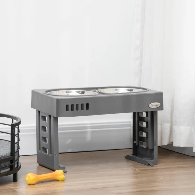 PawHut Comedero Elevado para Perros con 2 Platos Desmontables de 1200 ml y Altura Ajustable 44x27,7x28 cm Gris