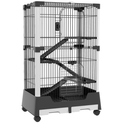 PawHut Jaula para Animales Pequeños con Ruedas 114x75x50 cm Valla para Mascotas con 3 Plataformas 3 Rampas Bandejas Extraíbles