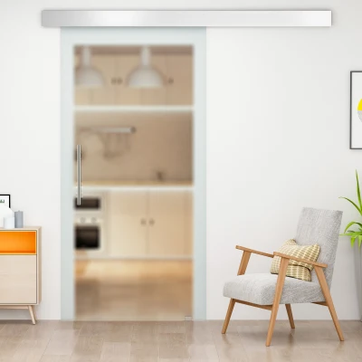HOMCOM Puerta Corredera de Cristal 77,5x205 cm Puerta Corrediza Deslizante con Riel de Cristal de Seguridad Translúcido
