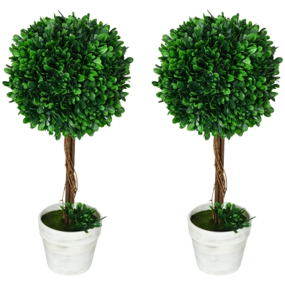 HOMCOM Set of 2 Artificial Boxwood Trees Artificial Plant Artificial Plants, incl. Artificial Moss, 1 Planter, 28cm x 28cm x 60cm, Green