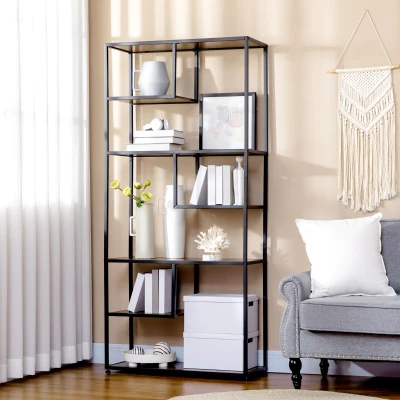 HOMCOM Industrial Bookcase Shelf, 7 Tier Metal Shelving, Storage Shelves for Living Room, Home Office, Bedroom, Rustic Brown