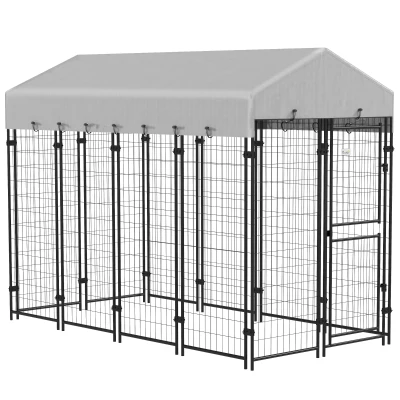 PawHut Recinto per Cani da Esterno con Tetto e Porta a 2 Sezioni in Metallo, 239x121x183cm, Argento