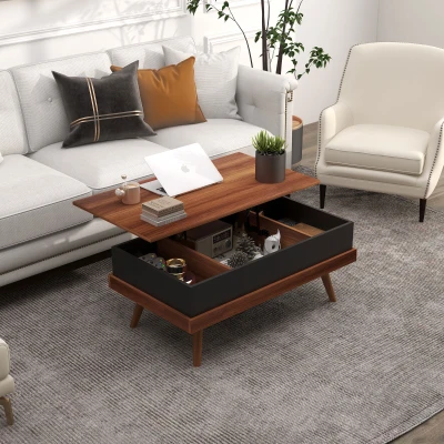 HOMCOM Mesa de Centro Elevatória com 3 Compartimentos de Armazenamento Ocultos e Pés de Madeira 100x79x54 cm Marrom e Preto