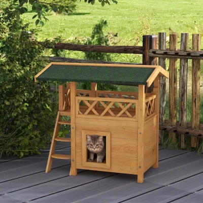 PawHut Kattenhuis Kattenhut Huisdierhut, met dak van asfalt, 2 verdiepingen, 1 ladder, natuurlijk + groen