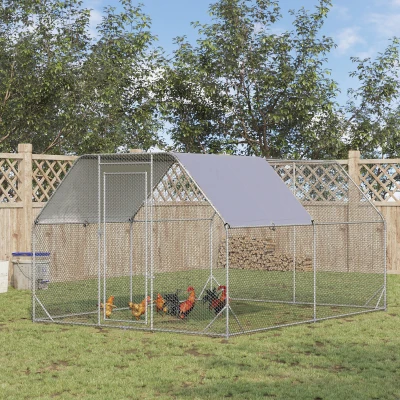 PawHut Hok voor kippenren en kippenhok, met loopruimte, vergrendelbare deur, geschikt voor 10-12 kippen, 280 cm x 380 cm x 195 cm, Grijs