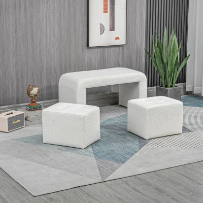 HOMCOM Ottoman Set of 3, Button Tufting, 89 cm x 42.5 cm x 45 cm, Cream
