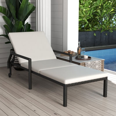 Outsunny Espreguiçadeira de Vime com Encosto Ajustável em 5 Posições Acolchoado e 2 Rodas 73x200x48 cm Creme e Preto