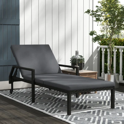 Outsunny Espreguiçadeira de Vime com Encosto Ajustável em 5 Posições Acolchoado e 2 Rodas 73x200x48 cm Cinza Escuro e Preto