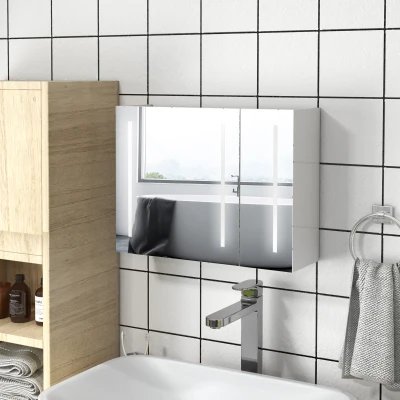 kleankin Armário Casa de Banho com Espelho e Luz LED com 3 Portas Prateleiras Ajustáveis e Interruptor Tátil 90x15x70 cm Branco Brilhante