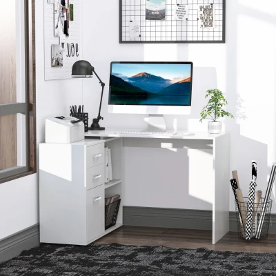 HOMCOM White Corner Desk Workstation Home Office Drawer Shelf File Cabinet