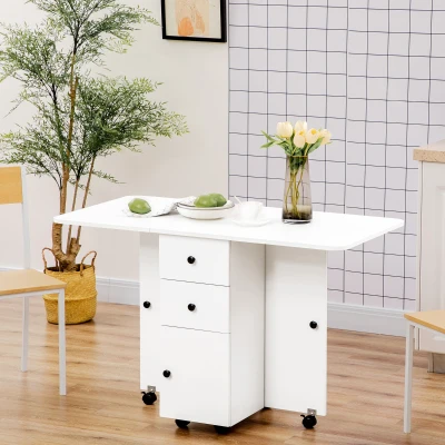 HOMCOM Multi-Storage Six-Person Drop Leaf Dining Table -  White