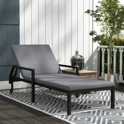 Outsunny Espreguiçadeira de Vime com Encosto Ajustável em 5 Posições Acolchoado e 2 Rodas 73x200x48 cm Cinza Claro e Preto