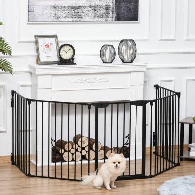 PawHut Barreira de Segurança para Animais de Estimação Barreira Dobrável de 5 Painéis com Fechadura Inteligente 300x74,5 cm Preto