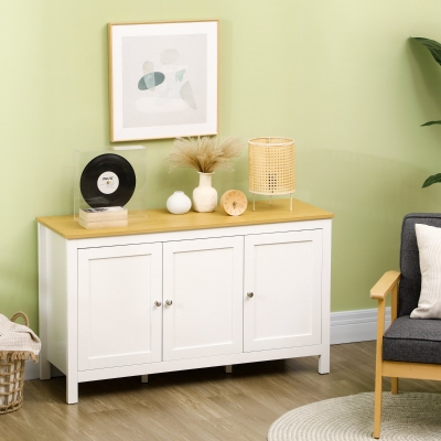 HOMCOM Aparador Sala de Estar com 3 Portas e Prateleiras Ajustáveis Estilo Moderno 120x40x70 cm Branco e Madeira