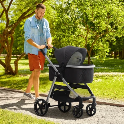 PawHut 2-IN-1 Hondenbuggy Huisdierbuggy, inclusief kussen, opvouwbaar, 1 opbergmand, 83 cm x 58 cm x 102 cm, Zwart