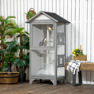 PawHut Gaiola para Pássaros de Madeira com 3 Portas 4 Poleiros Bandeja Amovível e Teto Asfáltico 80,5x57x153 cm Cinza Claro