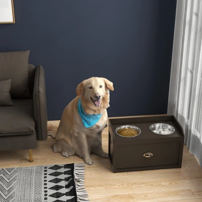 PawHut Comedouro Elevado para Cães com 2 Tigelas 2000ml de Aço Inoxidável Gaveta Oculta com Suporte de Madeira 60x30x36cm Marrom Escuro