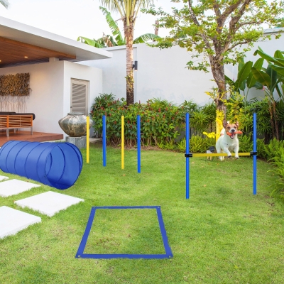 PawHut Treino de Agilidade para Cães Obstáculos de Salto para Cães com Altura Ajustável Túnel e Bolsa de Transporte Azul