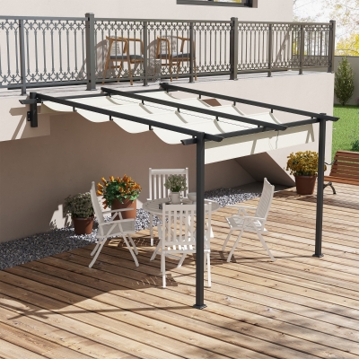Outsunny Pérgola de Parede 3x3 m Pérgola de Jardim com Teto Retrátil de Poliéster e Estrutura de Aço Creme e Cinza Escuro