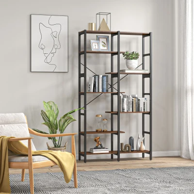 Biblioteca cu 6 Rafturi Lemn Cadru din Metal Negru Maro