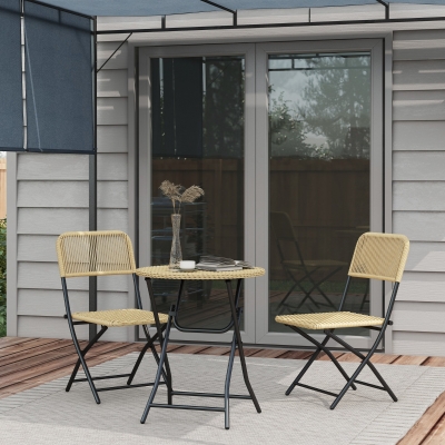 Outsunny Conjunto de Mesa e Cadeiras de Vime Conjunto de 3 Peças Móveis de Jardim Dobrável com 2 Cadeiras e 1 Mesa Redonda Madeira