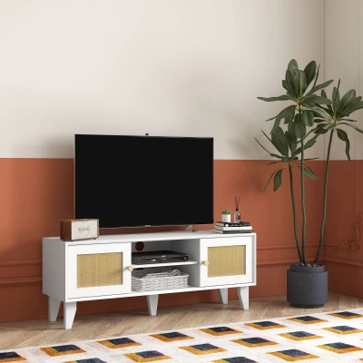 HOMCOM Móvel de TV para Televisores de até 55 Polegadas com 2 Portas de Vime e Prateleira Ajustável 20x35x46 cm Branco