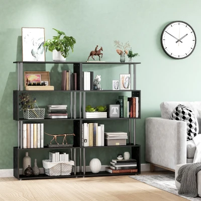 HOMCOM Lot de 2 Bibliothèques S Design 4 Niveaux Noir 80x30x145 cm