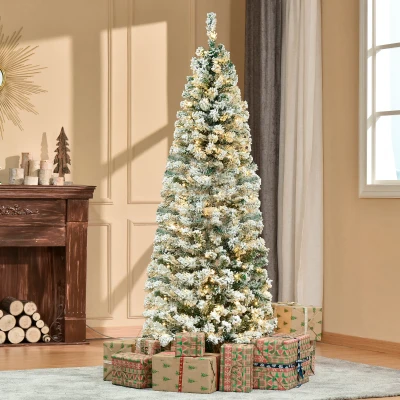 HOMCOM 6FT Prelit Snow Flocked Christmas Tree Green White
