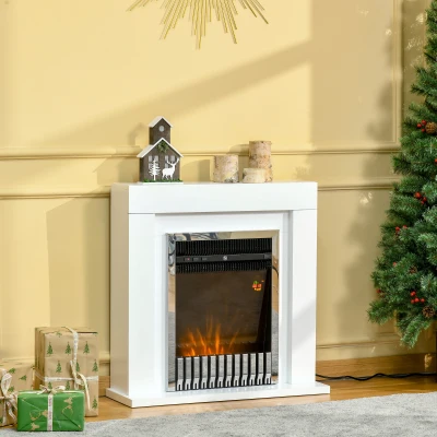 HOMCOM Chimenea Eléctrica 1000/2000W Chimenea Decorativa con Marco Llama Termostato Mando a Distancia Temporizador y Protección Sobrecalentamiento para 20-25 m² Blanco