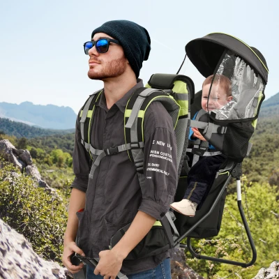 HOMCOM Portador de Bebés con Techo Impermeable Base de Soporte y Múltiples Bolsillos para 6-36 Meses 38x77x87,5 cm Verde