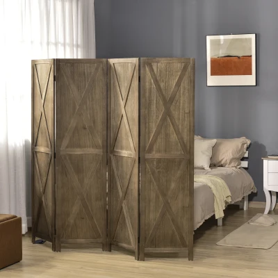 HOMCOM Paravent 4 Panneaux Bois Paulownia Marron Gris