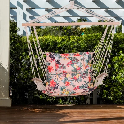 Outsunny Silla Colgante Estampado Floral Hamaca con Cojín Reposacabezas para Interior Exterior 100x106 cm Carga Máx. 100 kg