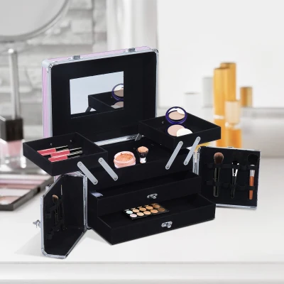 HOMCOM Maletín de Maquillaje Organizador Cosméticos Profesional Estuche para Maquillaje Caja de Belleza Portátil Varios Compartimientos 29x21x20cm Aluminio
