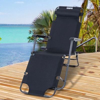 Outsunny Tumbona Relax Plegable con Respaldo Ajustable Reposabrazos Almohada y Reposapiés Carga 136 kg 135x60x89 cm Negro