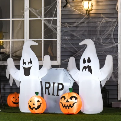 HOMCOM Fantasmas Inflables de Halloween con Luces LED Decoración Hinchable con Calabaza y Lápida para Interior Exterior 182x57x122 cm Multicolor
