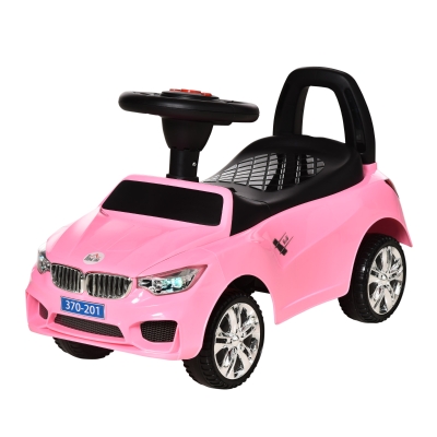 HOMCOM Coche Correpasillos para Niños de 18-36 Meses con Faros Música Bocina Volante Espacio de Almacenaje y Asa Rosa