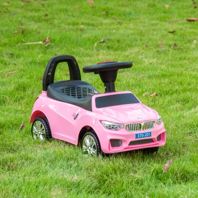 HOMCOM Coche Correpasillos para Niños de 18-36 Meses con Faros Música Bocina Volante Espacio de Almacenaje y Asa Rosa