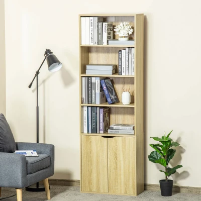 HOMCOM Estantería Librería Armario de Libros con 4 Compartimentos Abiertos y 2 Puertas para Salón Oficina 59x29x180 cm Natural