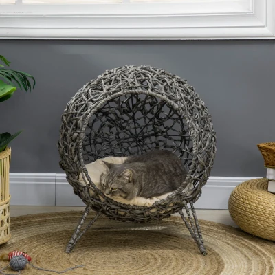 PawHut Cama Cueva de Ratán para Gatos o Mascotas Pequeña con Base Trípode Cojín de Felpa y Algodón Suave Diseño Elevado Estable Φ52x58 cm Gris
