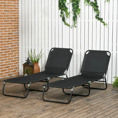 Outsunny Folding Sun Loungers Metal Frame Set of Two Black