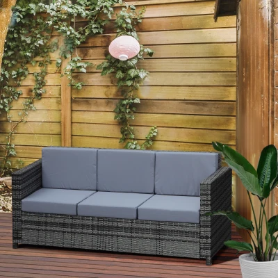 Outsunny 3 Seater Rattan Sofa with 10 cm Thick Padded Cushion, All-Weather PE Wicker Weave Garden Three-seater Bench with Armrests, Mixed Grey