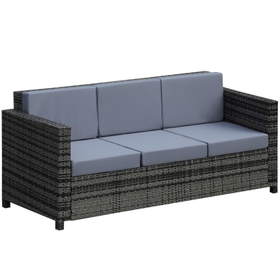 Outsunny 3 Seater Rattan Sofa with 10 cm Thick Padded Cushion, All-Weather PE Wicker Weave Garden Three-seater Bench with Armrests, Mixed Grey