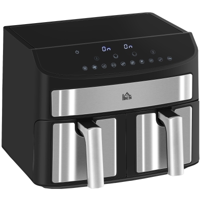 HOMCOM Multifunctionele heteluchtfriteuse, 8 L capaciteit, 2 manden, 60 minuten timer, zilver + zwart
