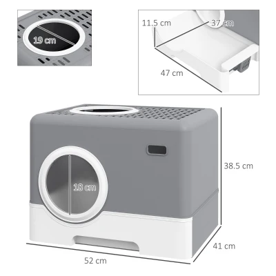 PawHut Enclosed Cat Litter Box, with Lid, Front Entry, Top Exit, Pull-Out Tray, Scoop - Grey