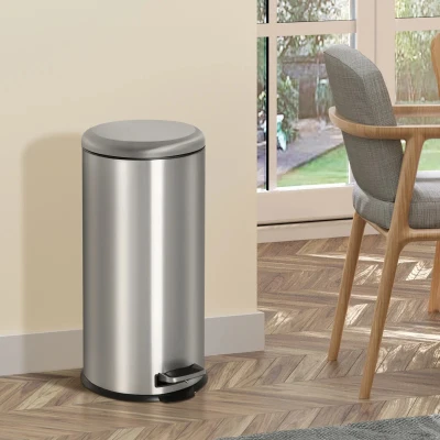 HOMCOM Lixeira com abertura por pedal com 30 L de volume em prata de aço inoxidável
