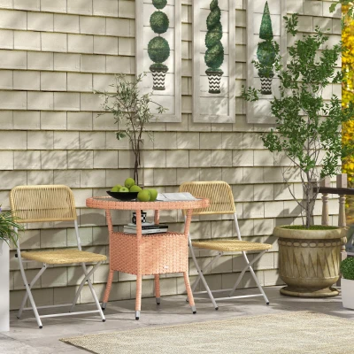 Outsunny Mesa de Vime Redonda Ø80x75 cm Mesa de Jardim com Prateleira Tampo de Vidro para Terraço e Pátio Natural